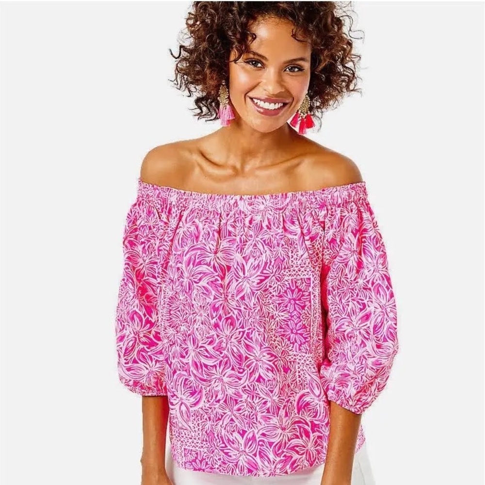 Lilly Pulitzer Winifred Off-The-Shoulder Cotton Top Blouse Pink/White Size S NEW
